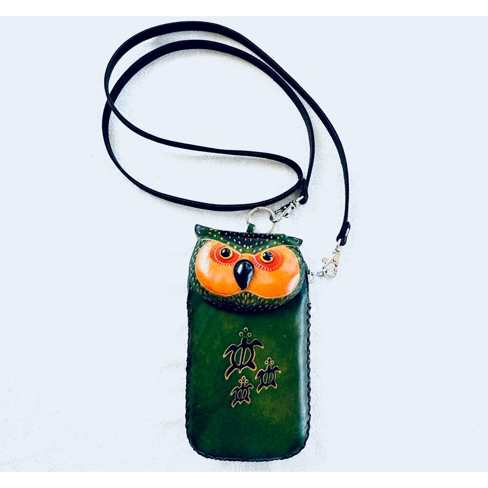 Handmade Tooled Leather Owl Phone Crossbody Bag - Green & Orange - Artisan Case